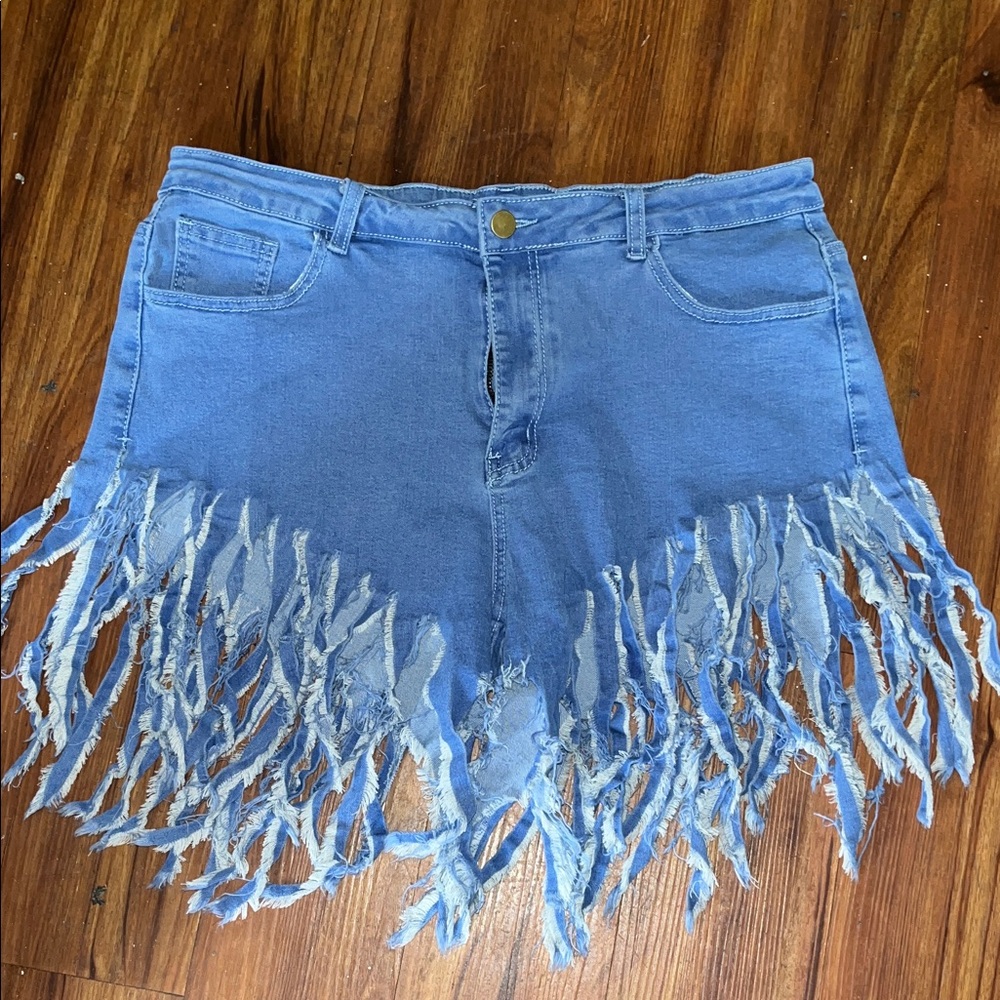 Blue Fringe Denim Shorts